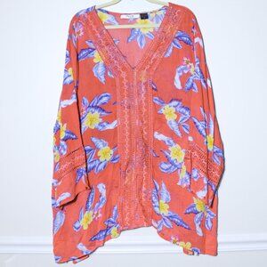 On The Plus Side Oversized Flowy Coral Tropical Floral Tunic Top Resort Beach 1X